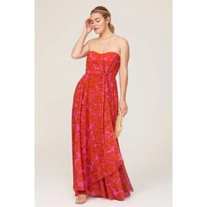 Badgley Mischka Womens Red Floral Drape Strapless Gown Dress Size 6 Retail $1100